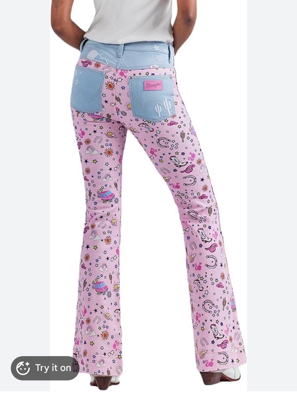 Wrangler Pink Printed Flare Jeans with Light Blue Pockets